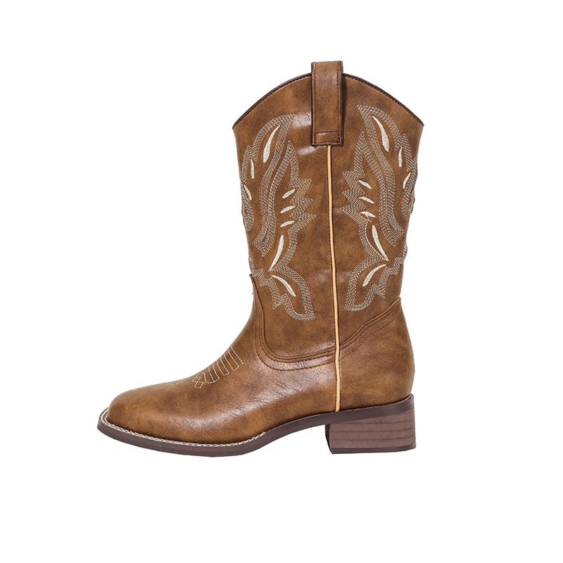 Heel Boots Faux Embroidered Chunky Leather Mid-Calf Cowboy