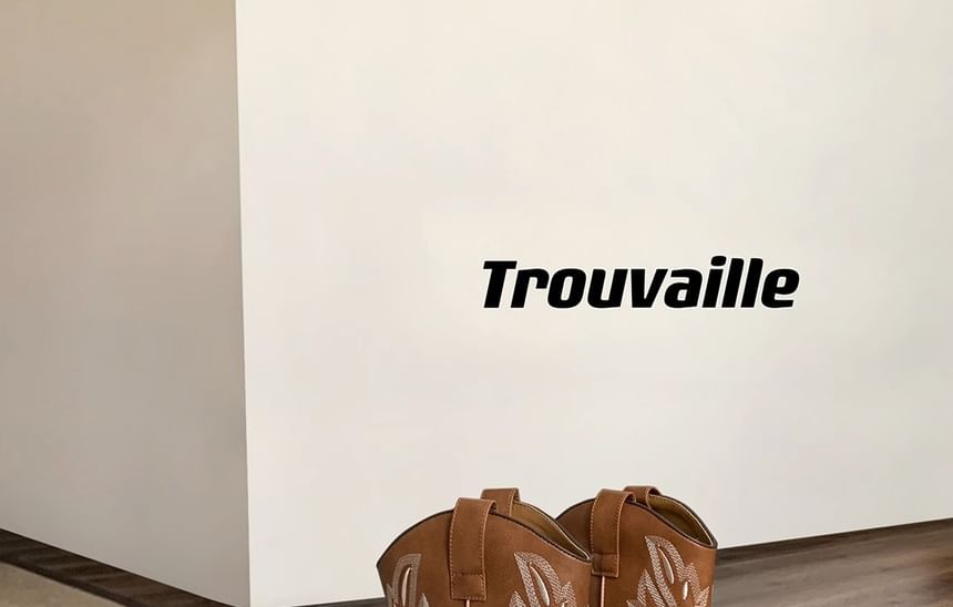 Heel Boots Faux Embroidered Chunky Leather Mid-Calf Cowboy
