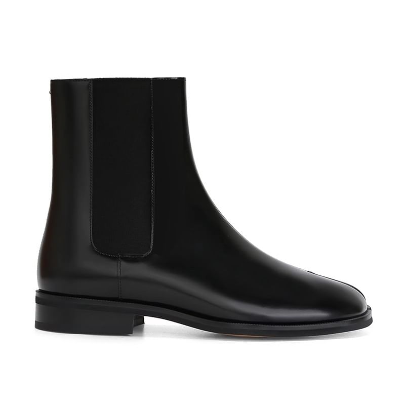 Chunky Heel Split Toe Plain Genuine Leather Short Chelsea Boots