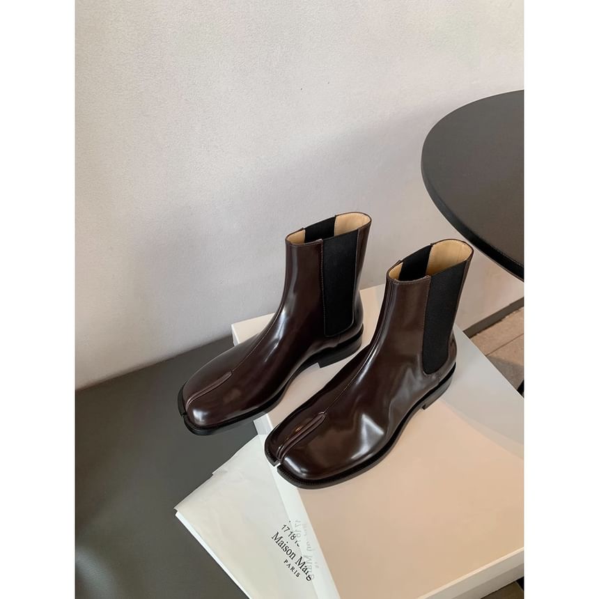 Chunky Heel Split Toe Plain Genuine Leather Short Chelsea Boots
