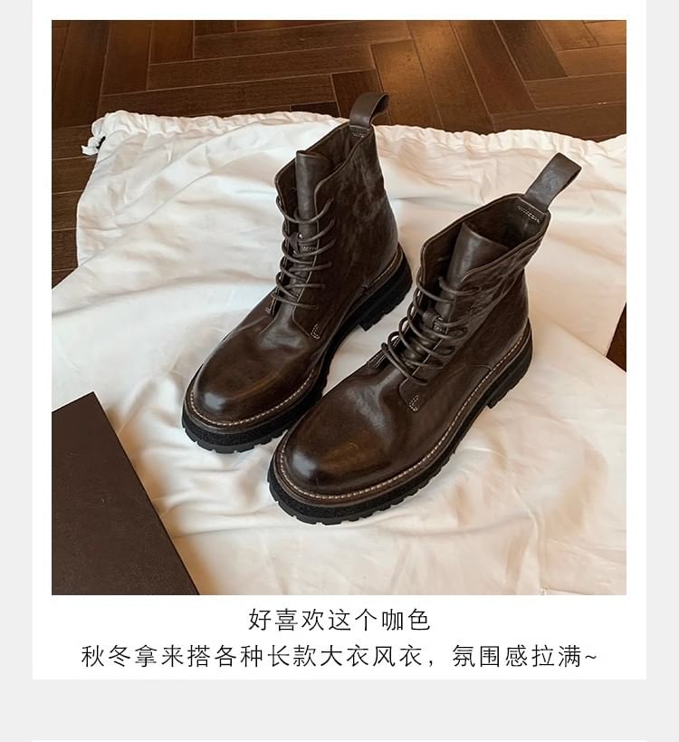 Short Boots Leather Lace-Up Genuine Plain Platform