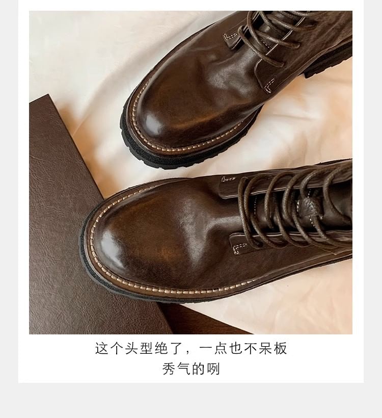 Short Boots Leather Lace-Up Genuine Plain Platform
