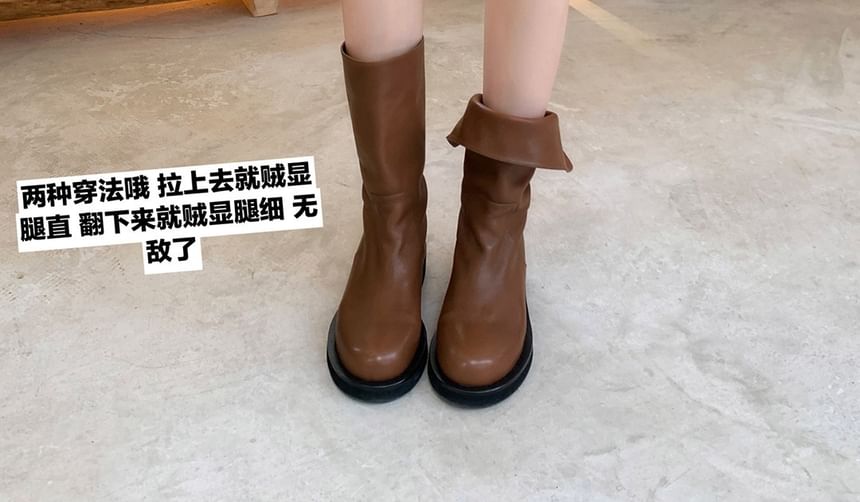 Platform Mid-Calf Plain Genuine Boots Leather