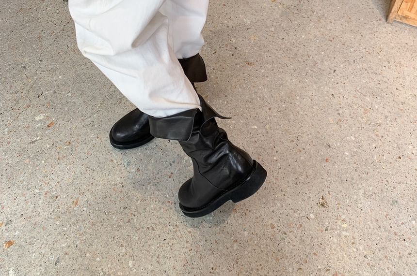 Platform Mid-Calf Plain Genuine Boots Leather
