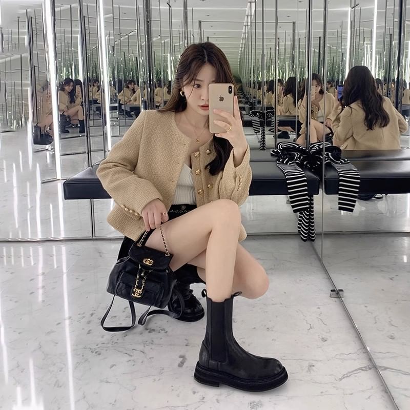 Leather Boots Platform Chelsea Genuine Plain Short