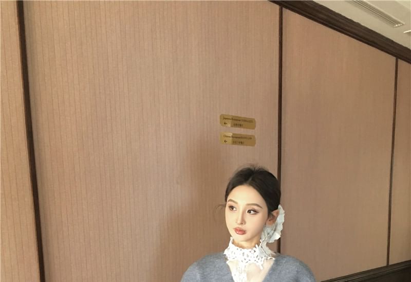 Cardigan / V-Neck High Button-Up Long-Sleeve Lace Top Neck