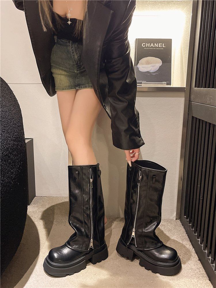 Panel Knee High Zip Platform Buckled Boots