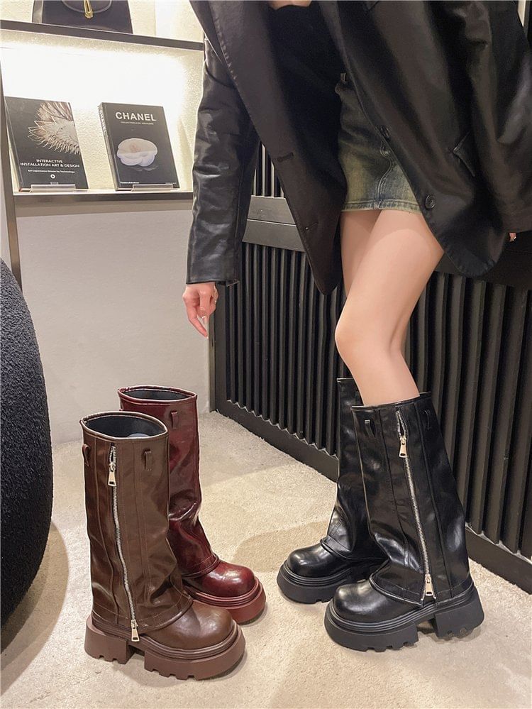 Panel Knee High Zip Platform Buckled Boots