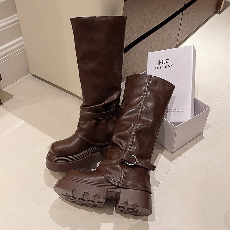 Panel Knee Platform Buckled High Boots