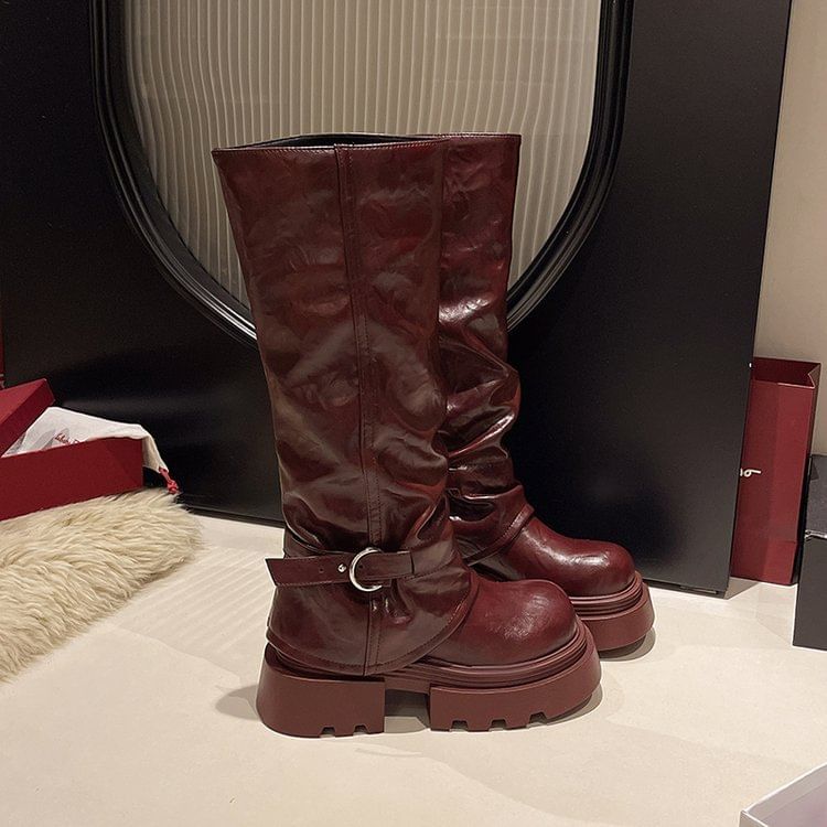 Panel Knee Platform Buckled High Boots