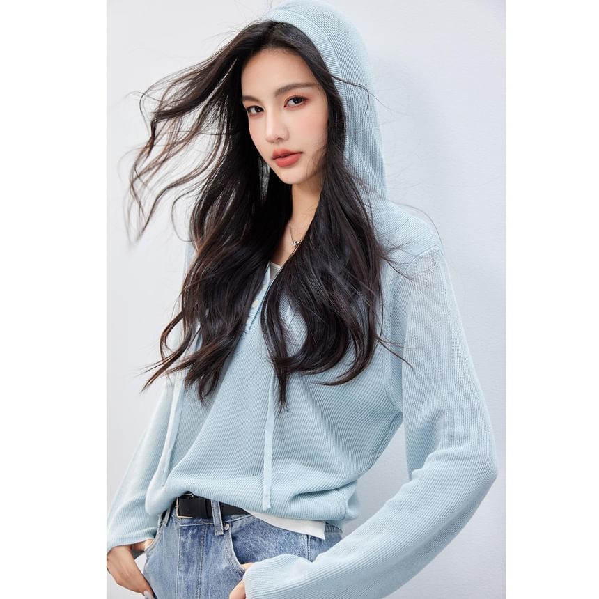 Knit Hoodie Two Two-Piece Mock V-Neck Tone