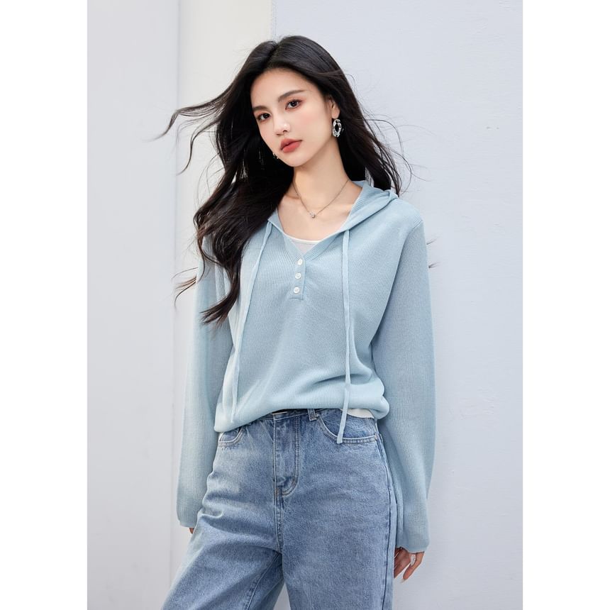 Knit Hoodie Two Two-Piece Mock V-Neck Tone