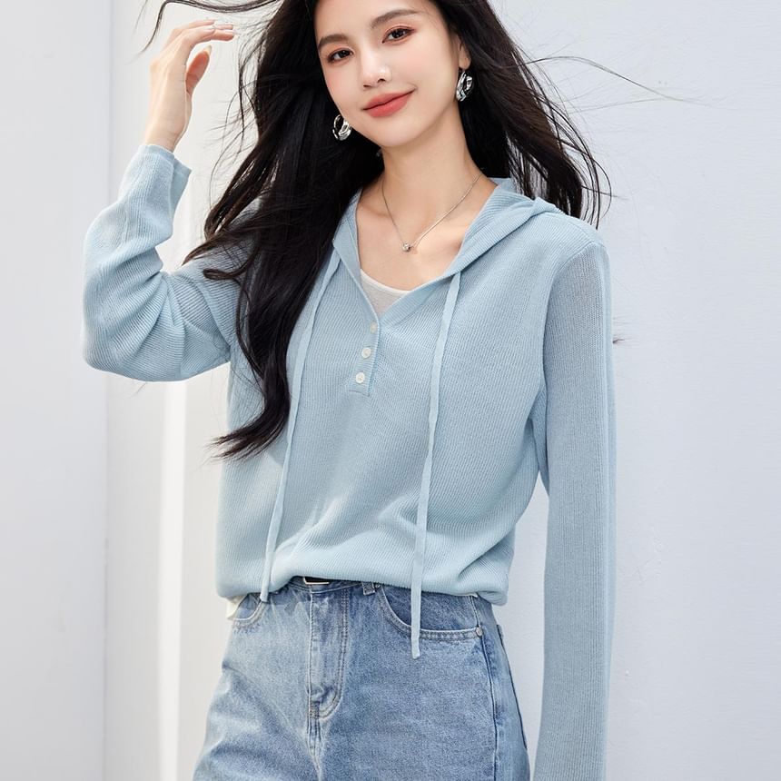 Knit Hoodie Two Two-Piece Mock V-Neck Tone