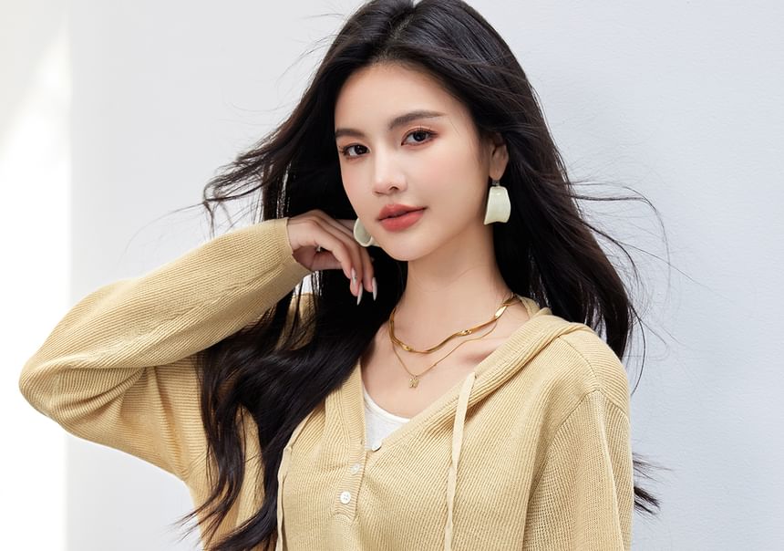 Knit Hoodie Two Two-Piece Mock V-Neck Tone