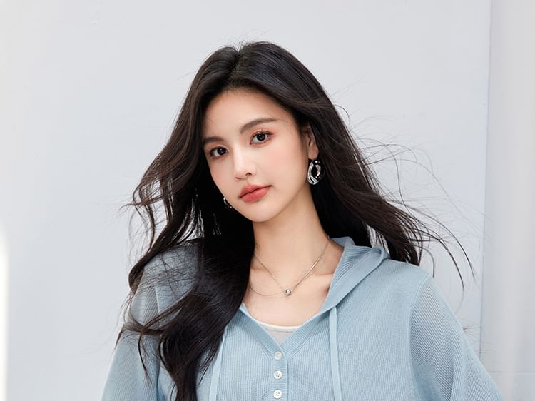 Knit Hoodie Two Two-Piece Mock V-Neck Tone