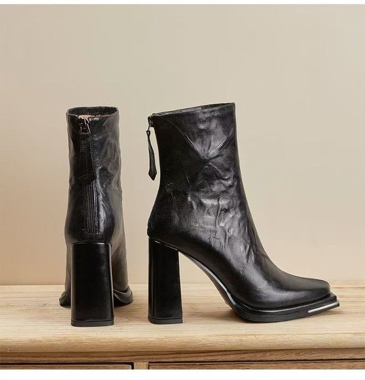 Chunky Heel Short Plain Boots