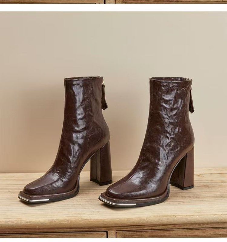 Chunky Heel Short Plain Boots