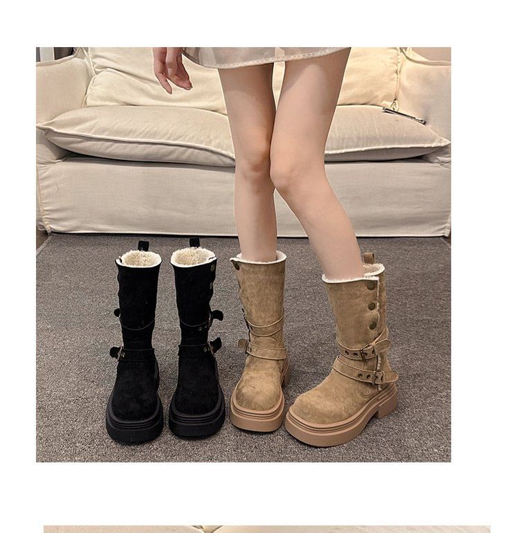 Calf Mid Faux Boots Fur Buckled