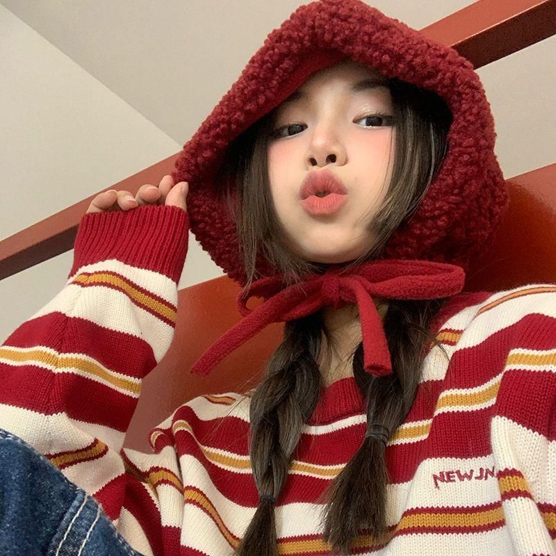 Tie-Up Fleece Beanie / Hat Cable Plain Knit