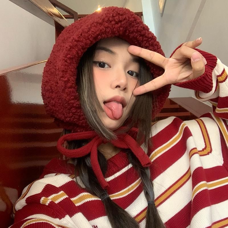 Tie-Up Fleece Beanie / Hat Cable Plain Knit