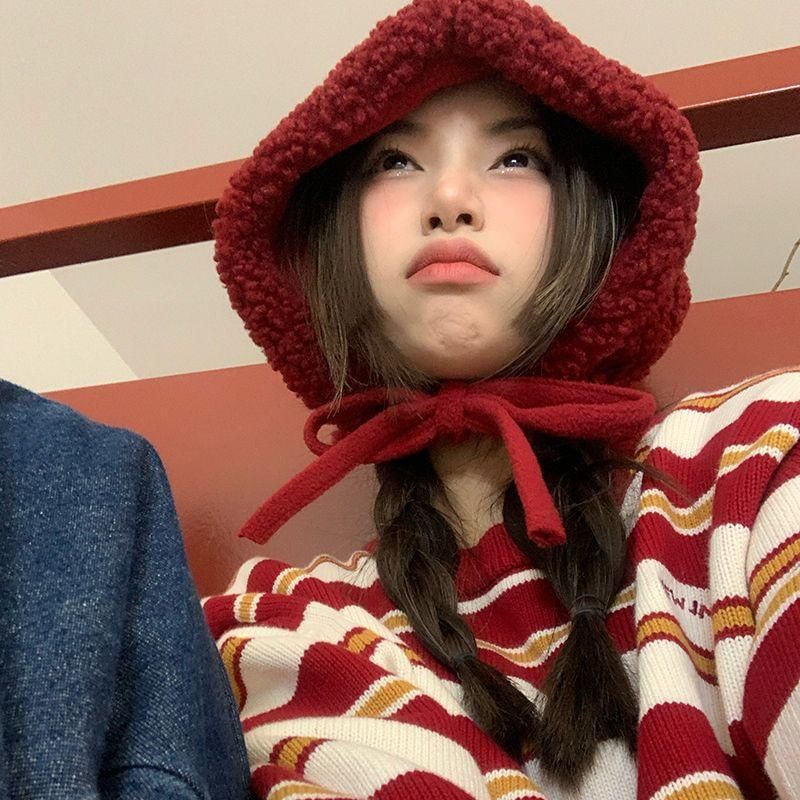 Tie-Up Fleece Beanie / Hat Cable Plain Knit
