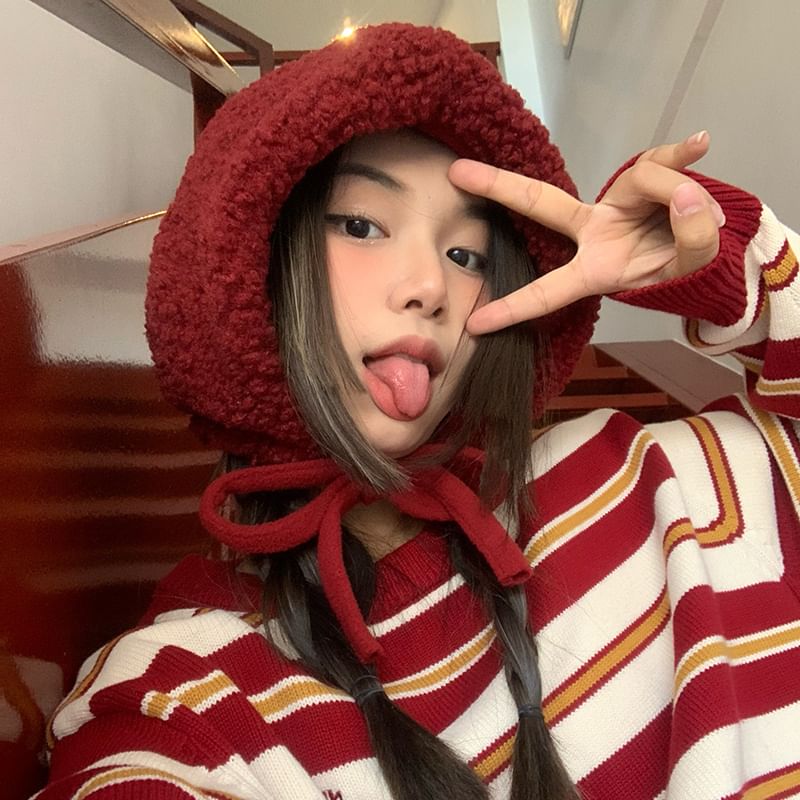 Tie-Up Fleece Beanie / Hat Cable Plain Knit
