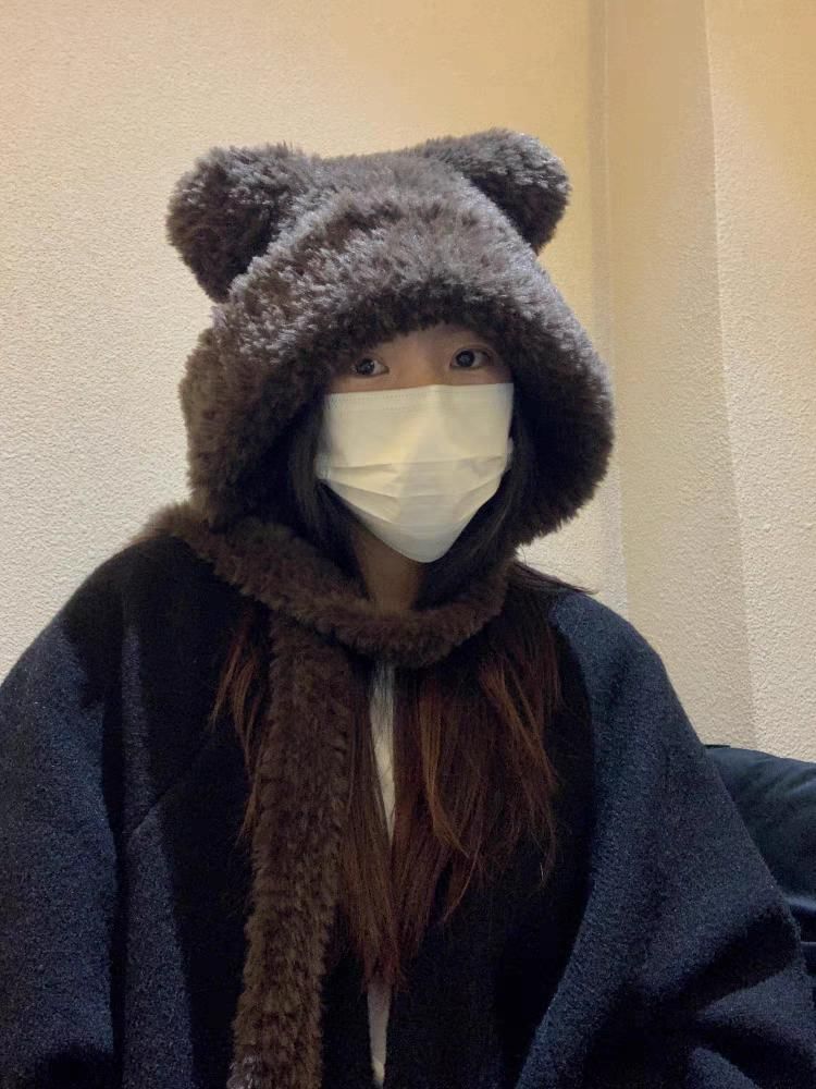 / Plain Beanie Ear Fluffy Bear Ribbed Hat