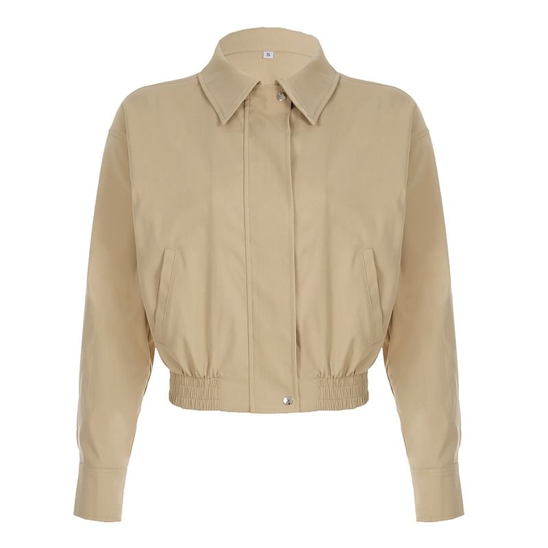 Zip Collared Cropped Plain Jacket Up