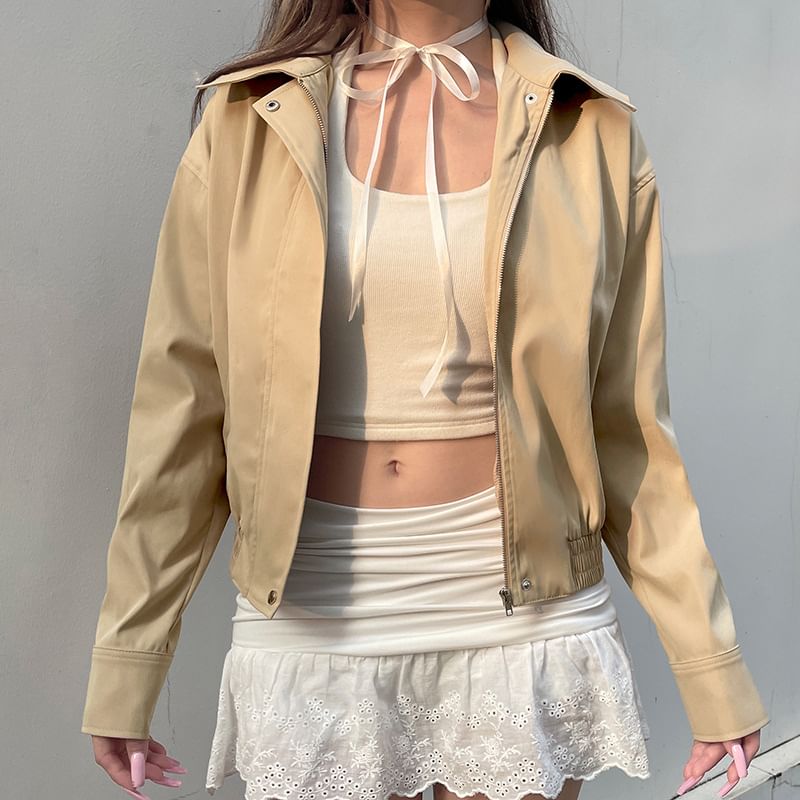 Zip Collared Cropped Plain Jacket Up