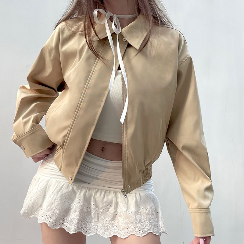 Zip Collared Cropped Plain Jacket Up