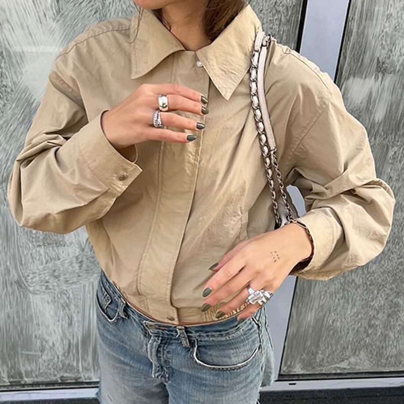 Zip Collared Cropped Plain Jacket Up