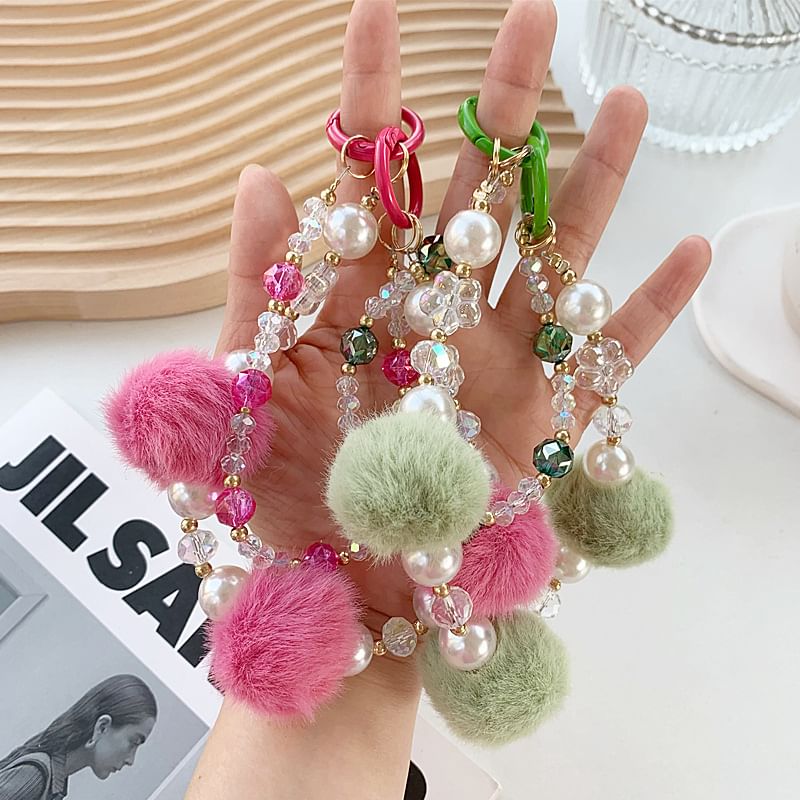 Pearl Strap Layered Faux Phone Pom