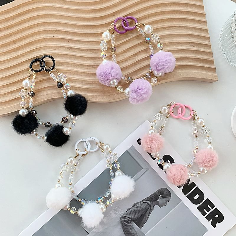 Pearl Strap Layered Faux Phone Pom
