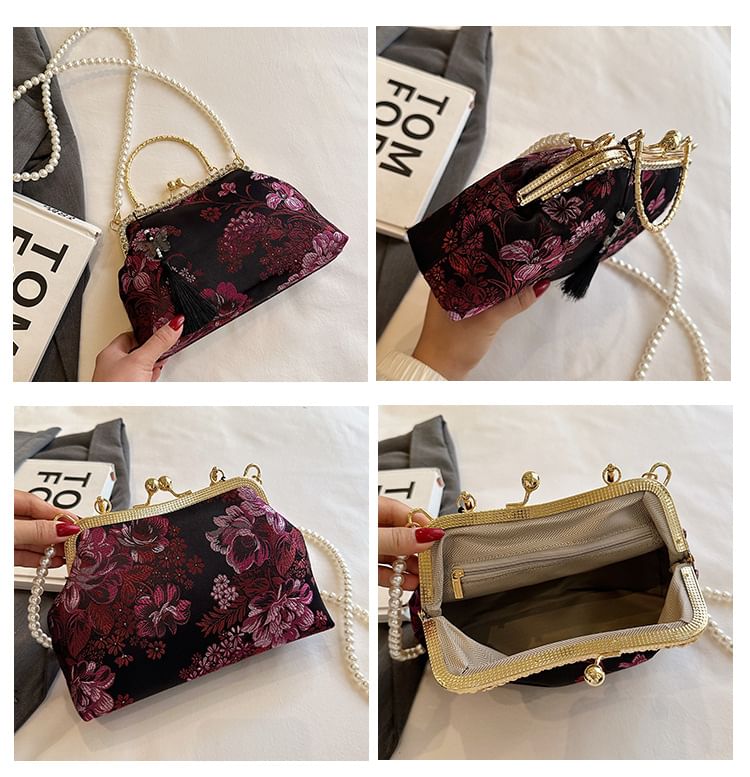 Wholesale SampleFaux Pearl Strap Kiss Lock Floral Embroidered Tassel Crossbody Bag
