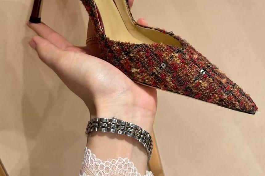 Sample Stiletto Pointed Toe Sequin Tweed Pumps