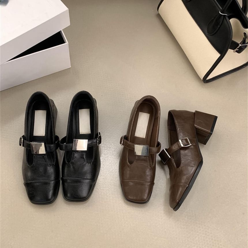 Sample Chunky Heel Square Toe T-Strap Plain Faux Leather Mary Jane Pumps