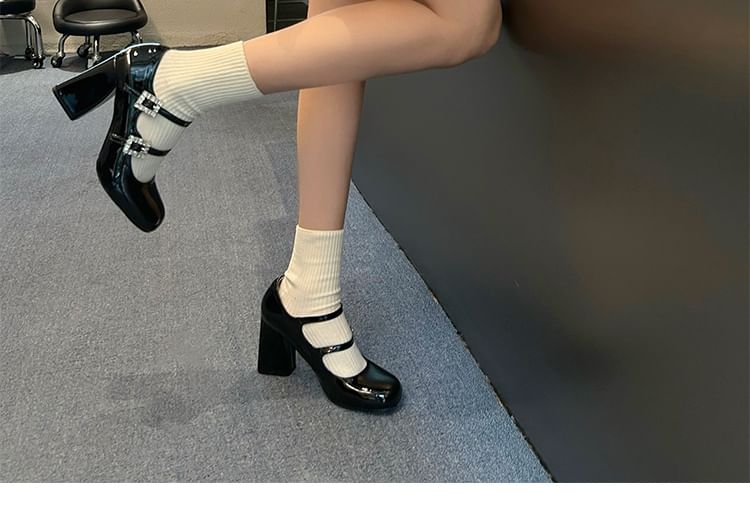 Sample Chunky Heel Rhinestone Buckled Patent Leather Mary Jane Pumps