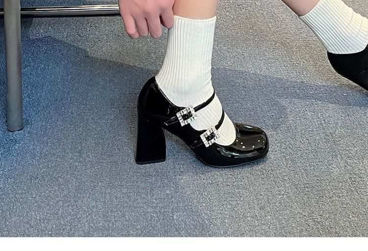 Sample Chunky Heel Rhinestone Buckled Patent Leather Mary Jane Pumps