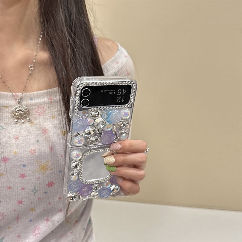 Mirrored Case Rose Rhinestone Phone