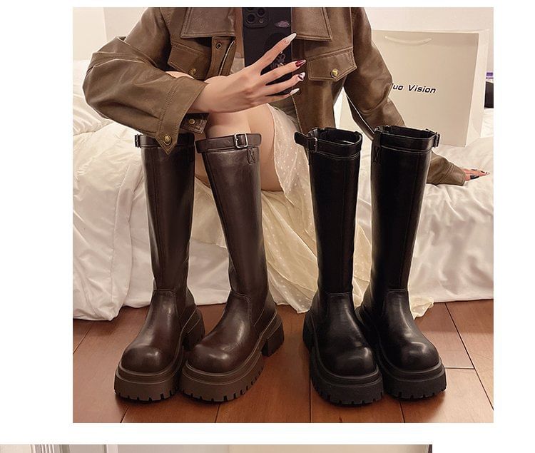 Boots Tall Buckled Plain Platform