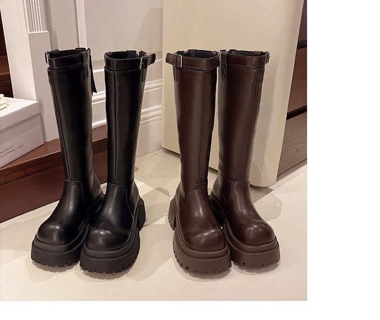Boots Tall Buckled Plain Platform