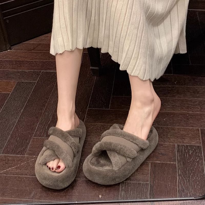 Sandals Plain Band Slide Fleece Cross