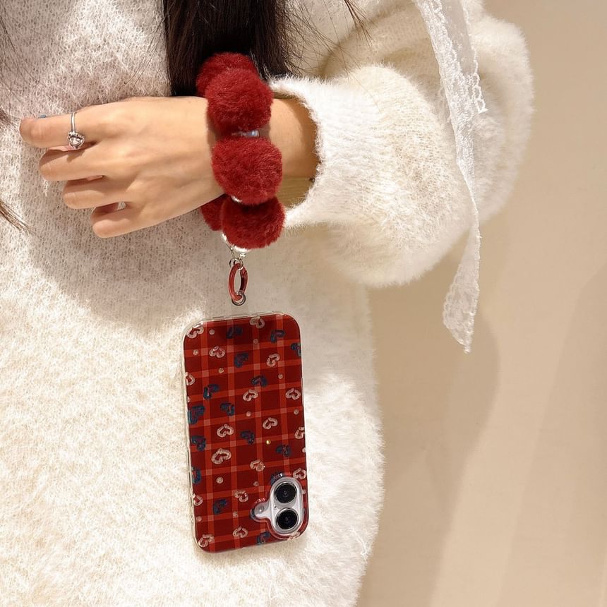 Heart Pom / Set Plaid Case Phone Strap