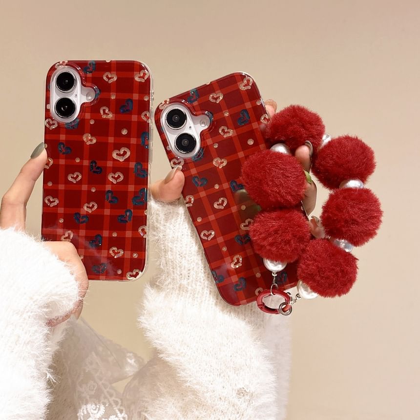 Heart Pom / Set Plaid Case Phone Strap
