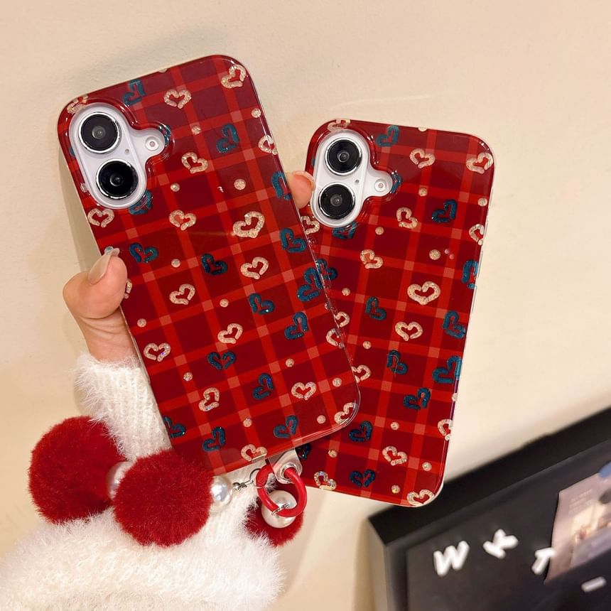 Heart Pom / Set Plaid Case Phone Strap