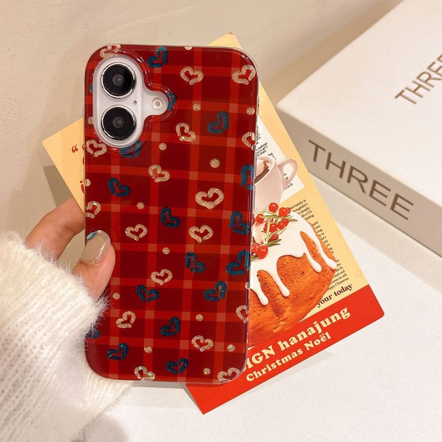 Heart Pom / Set Plaid Case Phone Strap