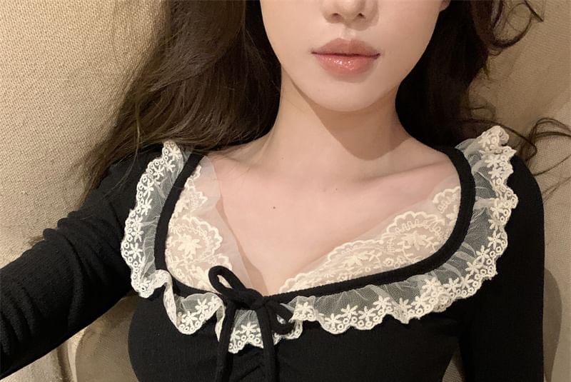 Top Sleeve Neck Trim Long Scoop Plain Crop Lace