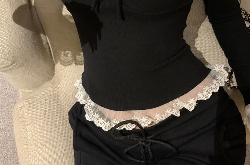 Top Sleeve Neck Trim Long Scoop Plain Crop Lace