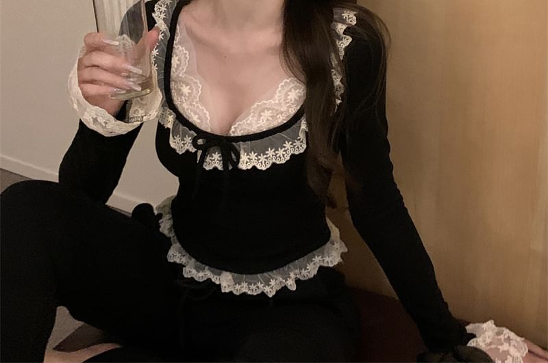 Top Sleeve Neck Trim Long Scoop Plain Crop Lace