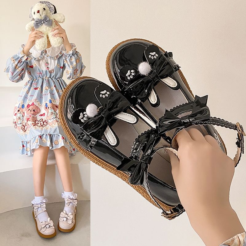Embroidered Platform Strap Mary Ankle Jane Paw Bow Shoes